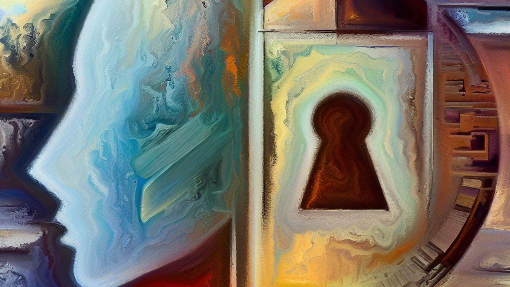 Abstract art representing security in fieldwork. A face on the left and a keyhole on the right. Created with bing image creator